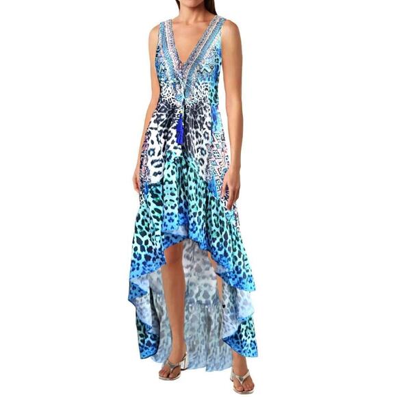 NWT La Moda Rhinestone Embellished Hi-low Ruffle Hem Maxi Swim Dress Cover-up - Picture 1 of 6